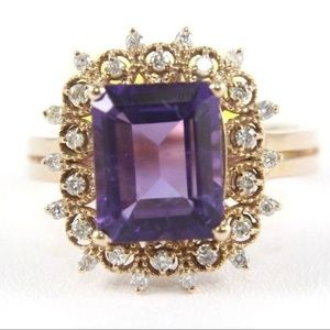 Huge Cushion Amethyst & Diamond Ring 14k RG 3.28Ct